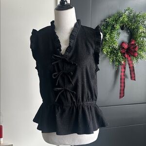 Modern Works M Black Ruffled Sleeveless Top with bow accents and flare waistband